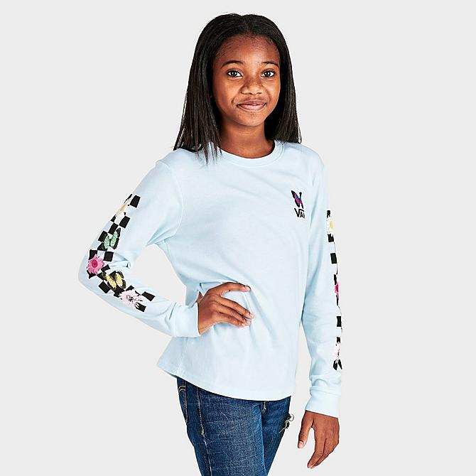 Back Left view of Girls' Vans Flower Pick Long-Sleeve T-Shirt in Delicate Blue Click to zoom