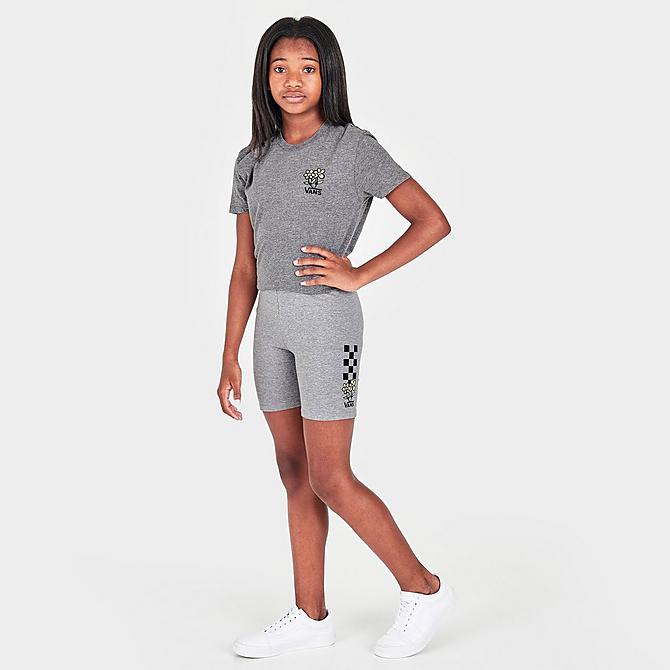 Front Three Quarter view of Girls' Vans Floral Hit Mid-Rise Bike Shorts in Grey Heather Click to zoom