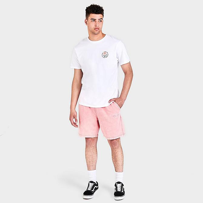 Front Three Quarter view of Men's Vans Mineral Wash Loose Fleece Shorts in Mellow Rose Click to zoom