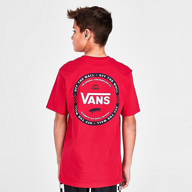 Front view of Boys' Vans Logo Check T-Shirt in Red/Black Click to zoom