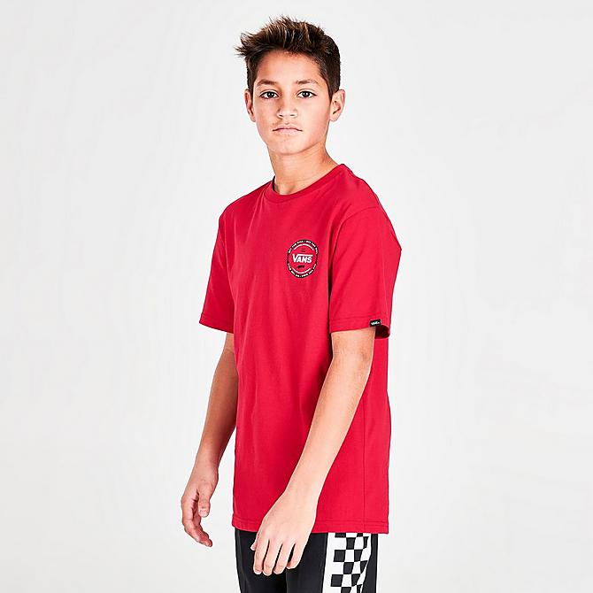 Back Right view of Boys' Vans Logo Check T-Shirt in Red/Black Click to zoom
