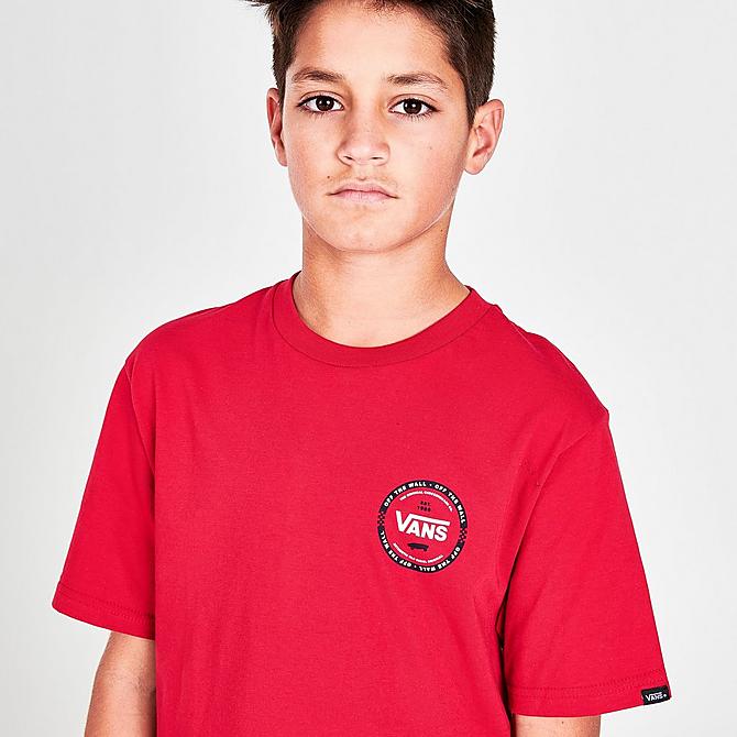 On Model 5 view of Boys' Vans Logo Check T-Shirt in Red/Black Click to zoom