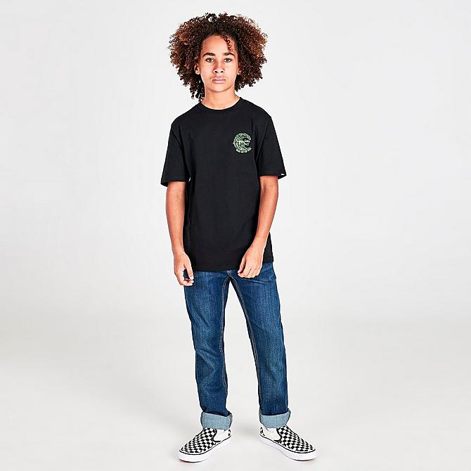 Front Three Quarter view of Boys' Vans Off The Wall Dino Surf T-Shirt in Black Click to zoom