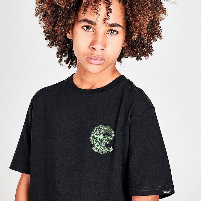 On Model 5 view of Boys' Vans Off The Wall Dino Surf T-Shirt in Black Click to zoom