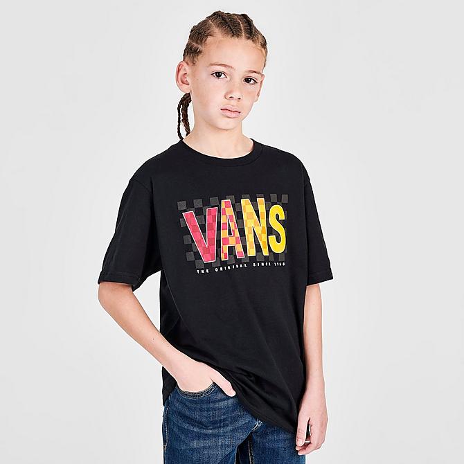 Back Left view of Kids' Vans Check Infill T-Shirt in Black/Multi Click to zoom