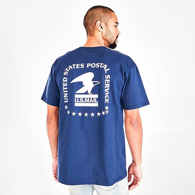 Front view of Men's Vans x USPS Bulk Mail Pocket Graphic Print T-Shirt in Blue/White Click to zoom
