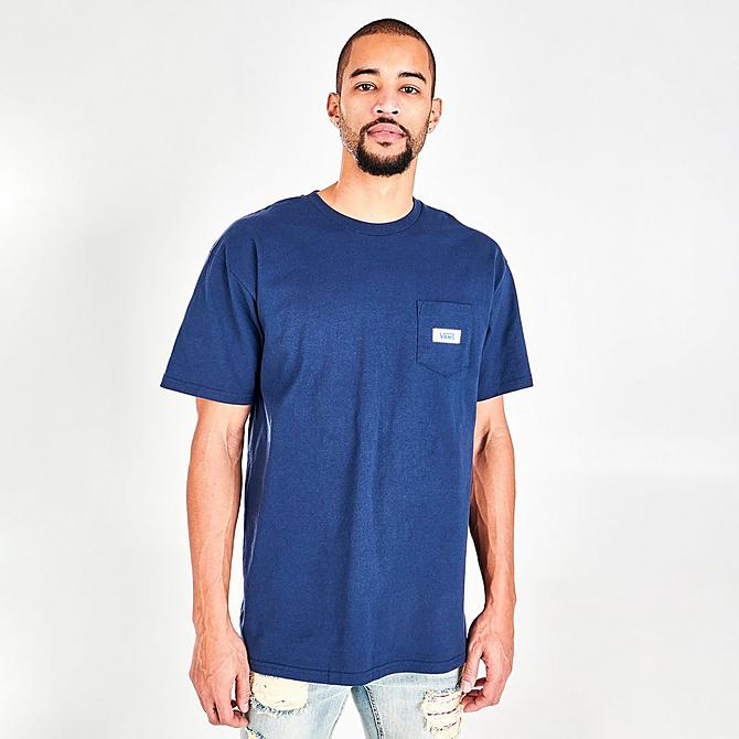 Back Left view of Men's Vans x USPS Bulk Mail Pocket Graphic Print T-Shirt in Blue/White Click to zoom