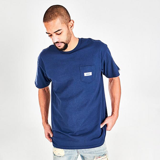 Back Right view of Men's Vans x USPS Bulk Mail Pocket Graphic Print T-Shirt in Blue/White Click to zoom