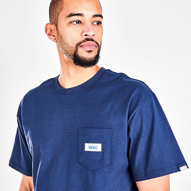On Model 5 view of Men's Vans x USPS Bulk Mail Pocket Graphic Print T-Shirt in Blue/White Click to zoom