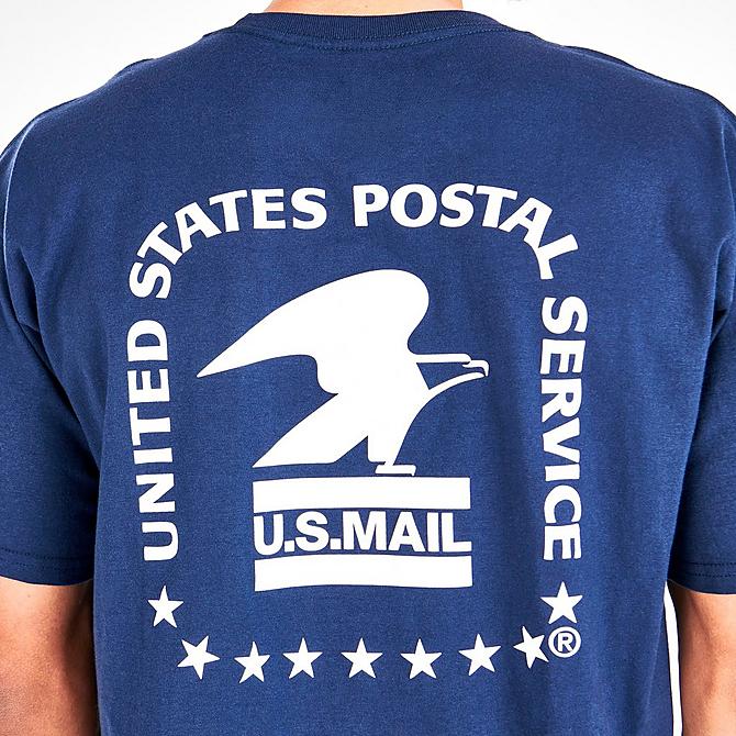 On Model 6 view of Men's Vans x USPS Bulk Mail Pocket Graphic Print T-Shirt in Blue/White Click to zoom