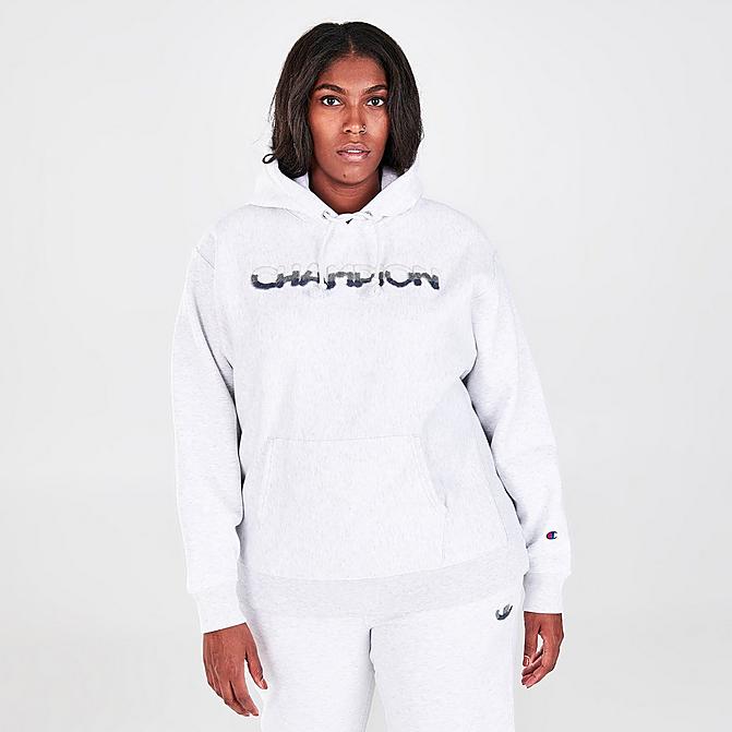 Front view of Women's Champion Reverse Weave Fade Logo Hoodie (Plus Size) in Silver Grey Click to zoom