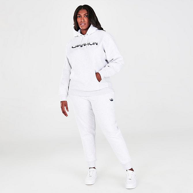 Front Three Quarter view of Women's Champion Reverse Weave Fade Logo Hoodie (Plus Size) in Silver Grey Click to zoom