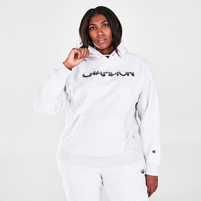 Back Left view of Women's Champion Reverse Weave Fade Logo Hoodie (Plus Size) in Silver Grey Click to zoom