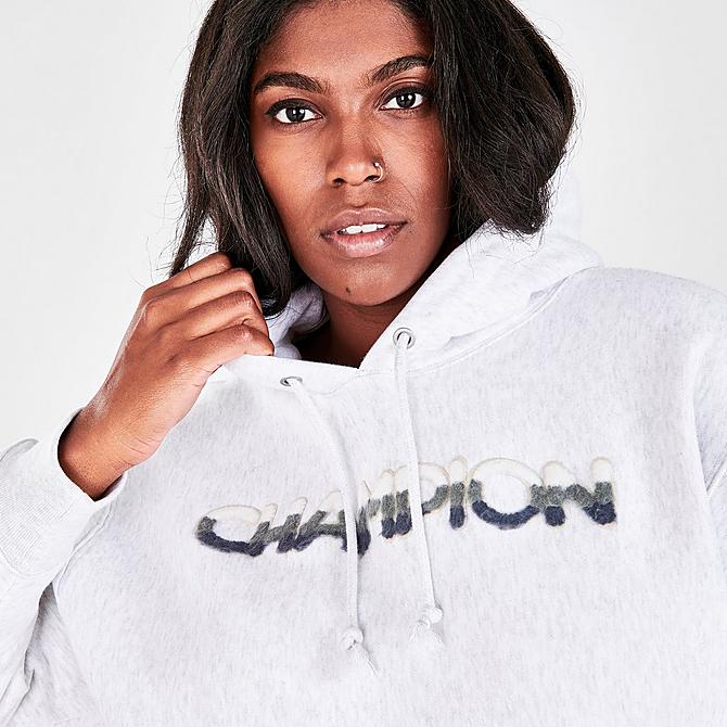 On Model 5 view of Women's Champion Reverse Weave Fade Logo Hoodie (Plus Size) in Silver Grey Click to zoom