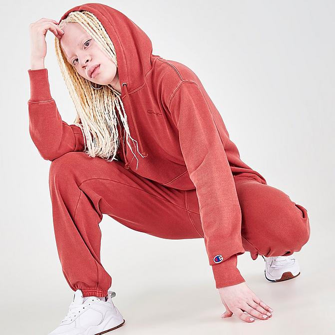 Front view of Women's Champion Vintage Dye Hoodie in Sandalwood Red Click to zoom