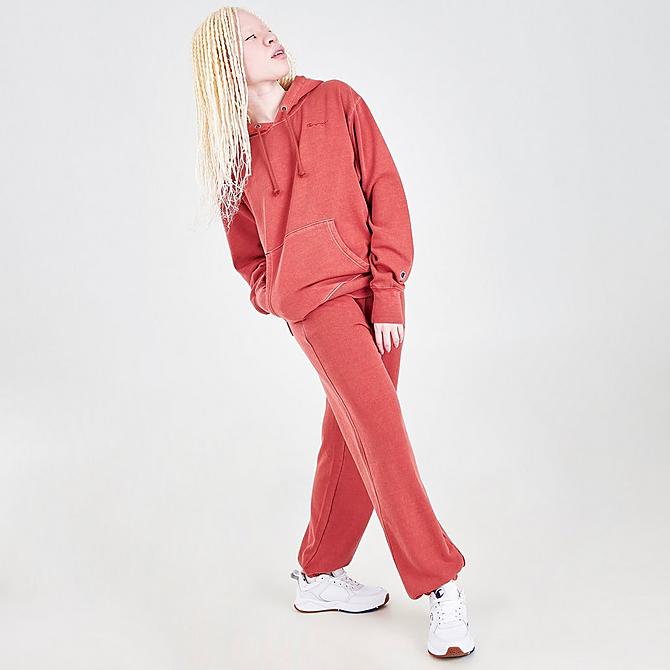 Front Three Quarter view of Women's Champion Vintage Dye Hoodie in Sandalwood Red Click to zoom