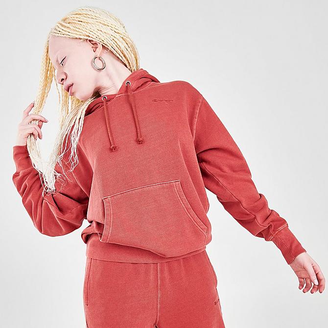 Back Left view of Women's Champion Vintage Dye Hoodie in Sandalwood Red Click to zoom