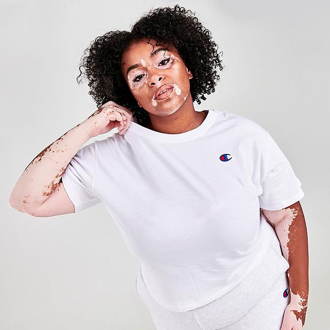 Front view of Women's Champion Life Heritage Logo Crop T-Shirt (Plus Size) in White Click to zoom