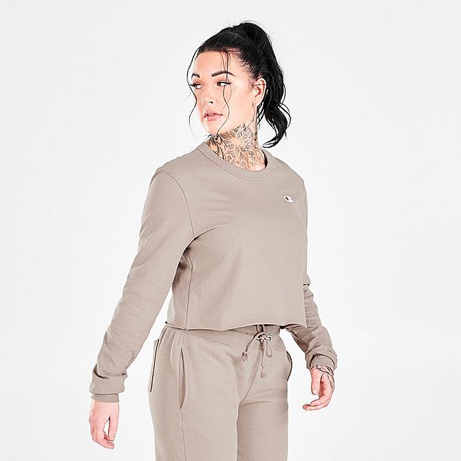 Back Left view of Women's Champion Script Crop Long-Sleeve T-Shirt in Dark Khaki Click to zoom