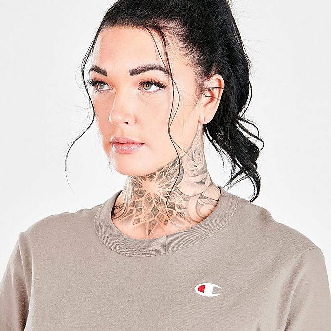 On Model 5 view of Women's Champion Script Crop Long-Sleeve T-Shirt in Dark Khaki Click to zoom