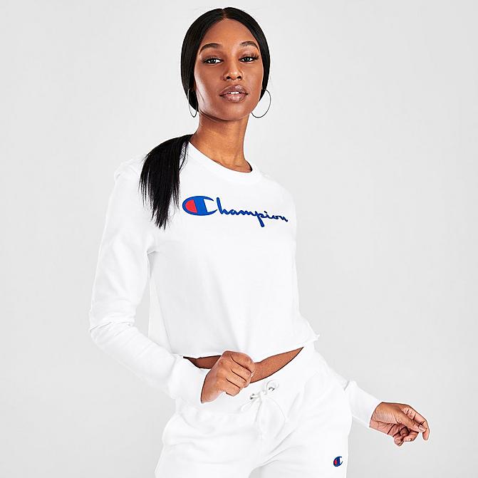 Front view of Women's Champion Script Crop Long-Sleeve T-Shirt in White Click to zoom