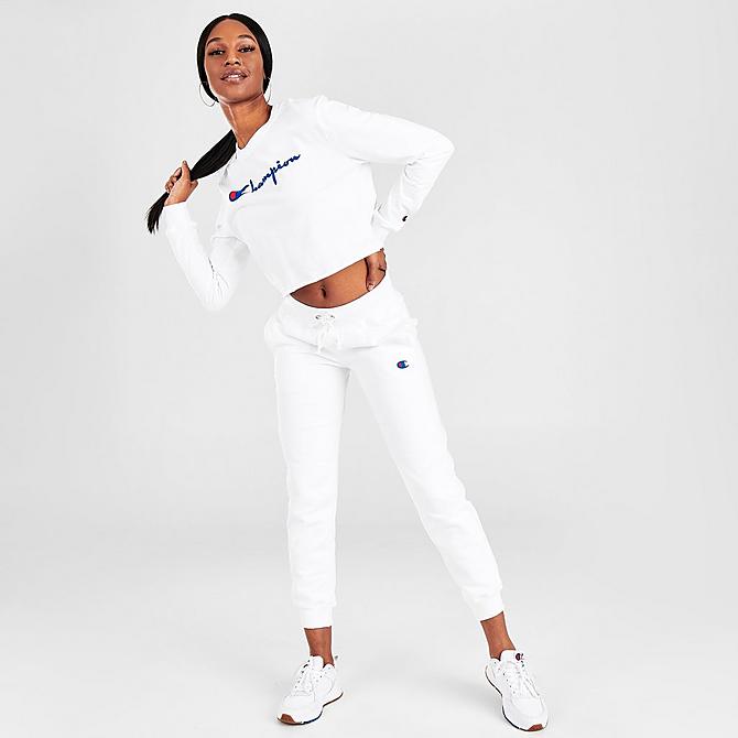 Front Three Quarter view of Women's Champion Script Crop Long-Sleeve T-Shirt in White Click to zoom