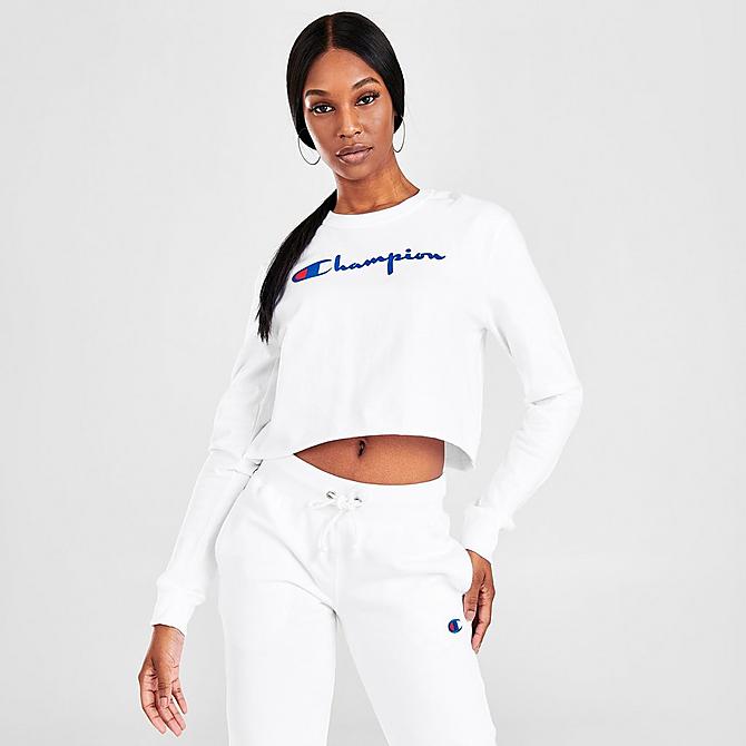 Back Left view of Women's Champion Script Crop Long-Sleeve T-Shirt in White Click to zoom