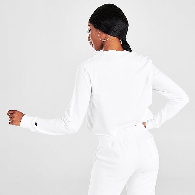 Back Right view of Women's Champion Script Crop Long-Sleeve T-Shirt in White Click to zoom