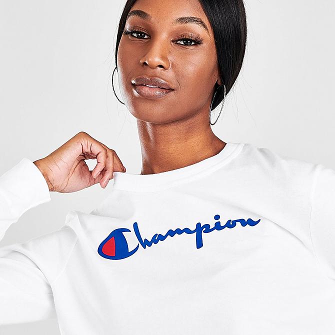 On Model 5 view of Women's Champion Script Crop Long-Sleeve T-Shirt in White Click to zoom
