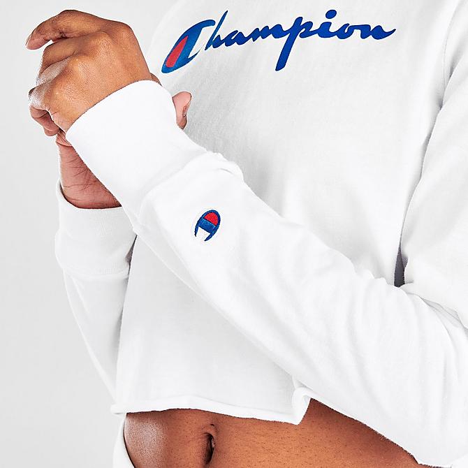 On Model 6 view of Women's Champion Script Crop Long-Sleeve T-Shirt in White Click to zoom