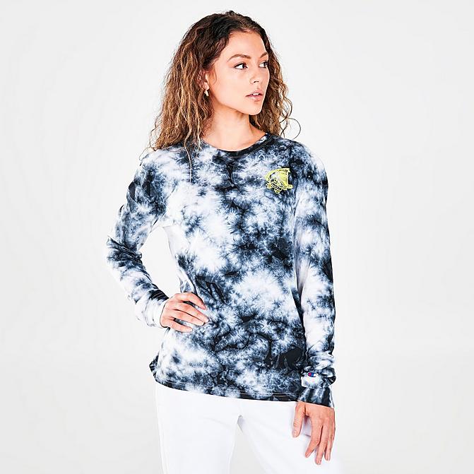Front view of Women's Champion Tie-Dye Long-Sleeve T-Shirt in Black/White Click to zoom