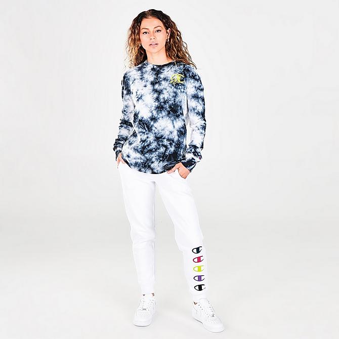 Front Three Quarter view of Women's Champion Tie-Dye Long-Sleeve T-Shirt in Black/White Click to zoom