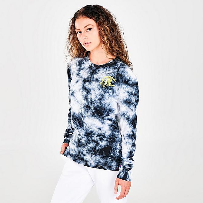 Back Left view of Women's Champion Tie-Dye Long-Sleeve T-Shirt in Black/White Click to zoom