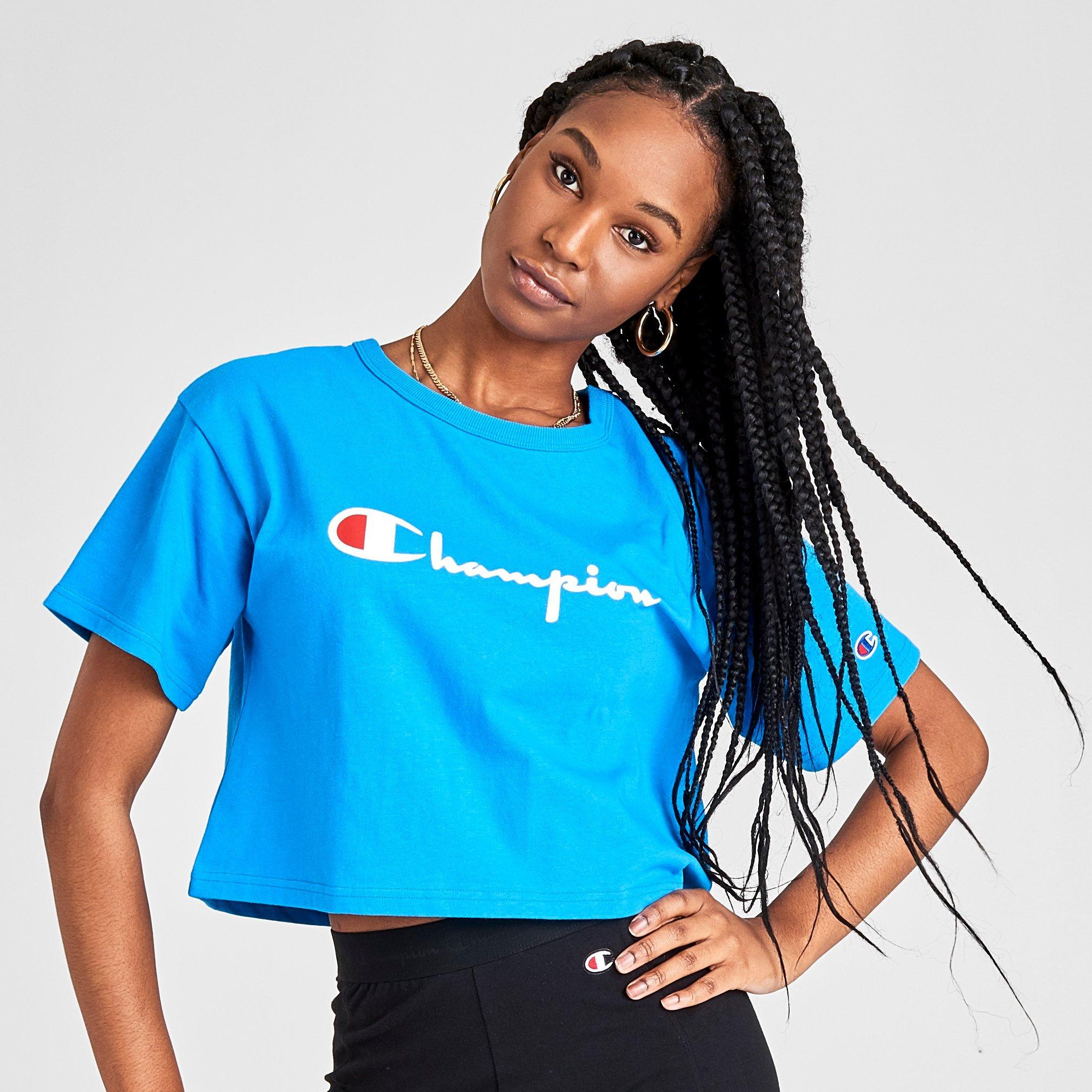 blue cropped champion shirt