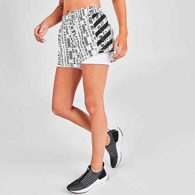 Front Three Quarter view of Women's Superdry Logo Running Shorts in Optic/Allover Print Click to zoom