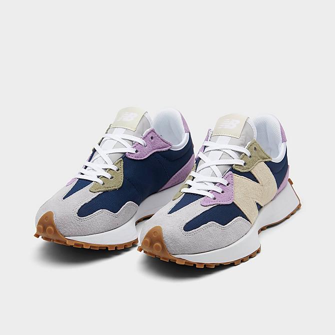 Three Quarter view of Women's New Balance 327 Patchwork Casual Shoes in Natural Indigo/Raw Amethyst Click to zoom