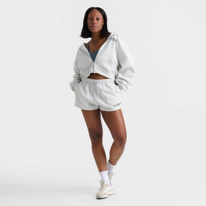[angle] view of Women's New Balance Logo Fleece Shorts in Light Heather Grey Click to zoom
