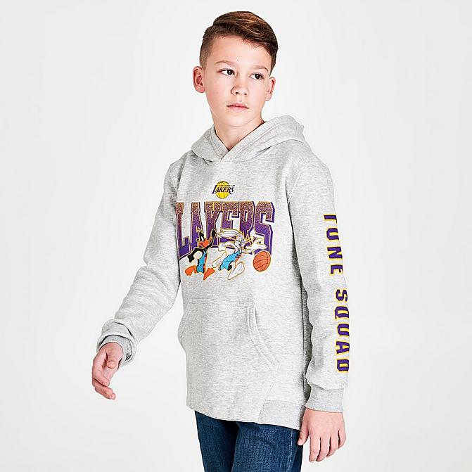 Front view of Kids' Mitchell & Ness x Space Jam Los Angeles Lakers NBA Dynamic Duo Hoodie in Grey Click to zoom
