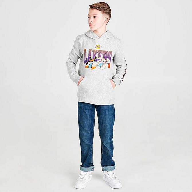 Front Three Quarter view of Kids' Mitchell & Ness x Space Jam Los Angeles Lakers NBA Dynamic Duo Hoodie in Grey Click to zoom