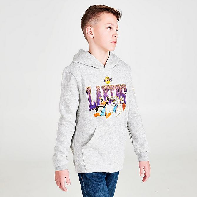 Back Left view of Kids' Mitchell & Ness x Space Jam Los Angeles Lakers NBA Dynamic Duo Hoodie in Grey Click to zoom