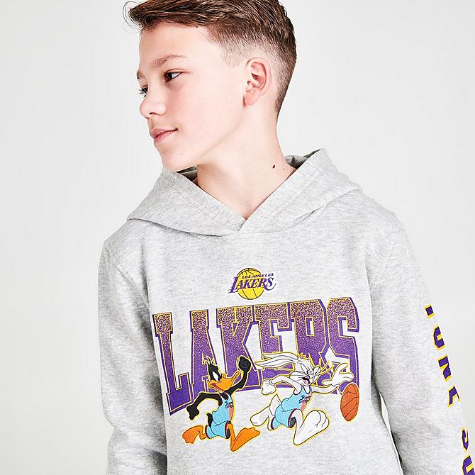 On Model 5 view of Kids' Mitchell & Ness x Space Jam Los Angeles Lakers NBA Dynamic Duo Hoodie in Grey Click to zoom
