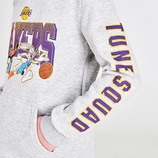 On Model 6 view of Kids' Mitchell & Ness x Space Jam Los Angeles Lakers NBA Dynamic Duo Hoodie in Grey Click to zoom