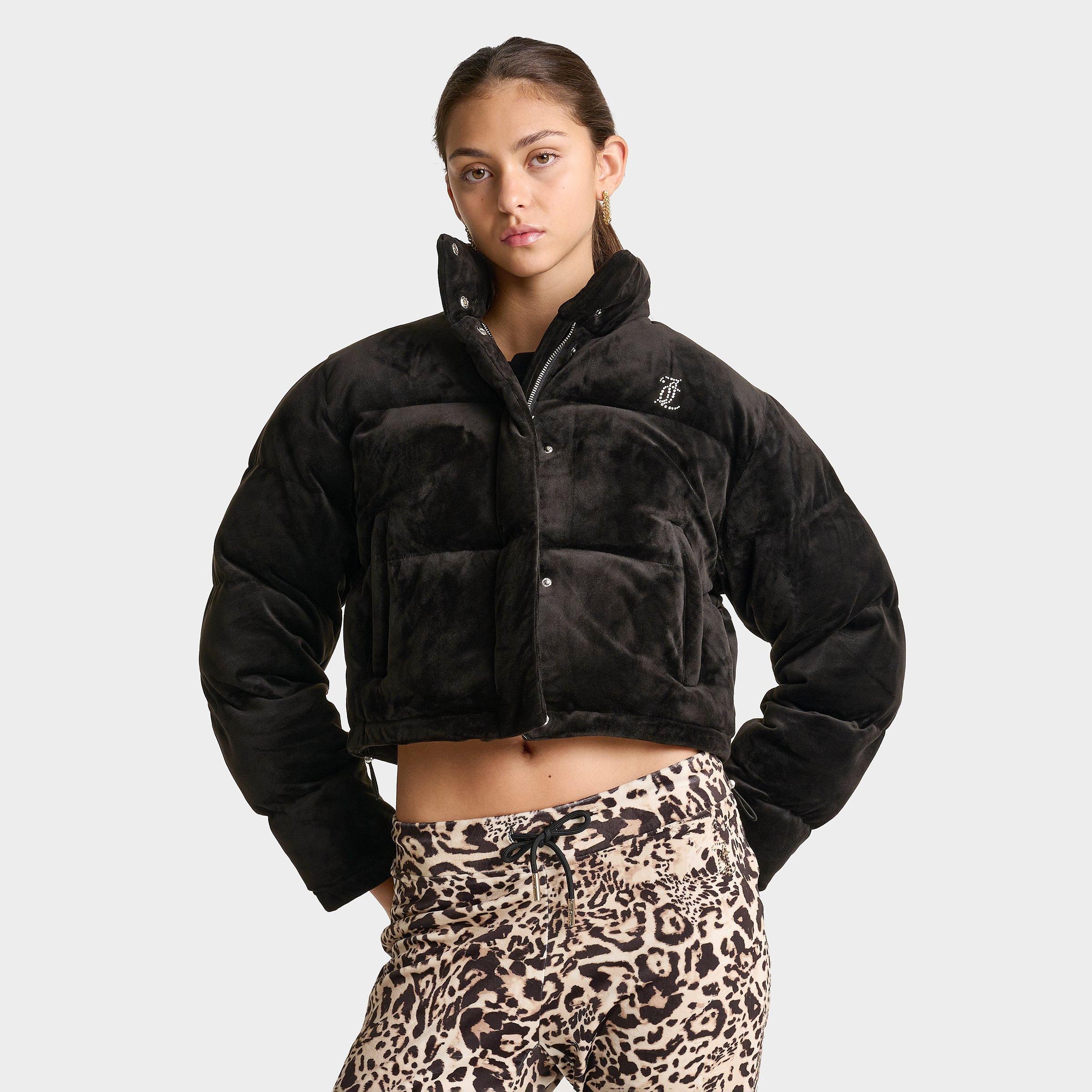 Juicy Couture Women's Velour Bling Puffer Jacket in Black/Black Size XS Velvet/Velour