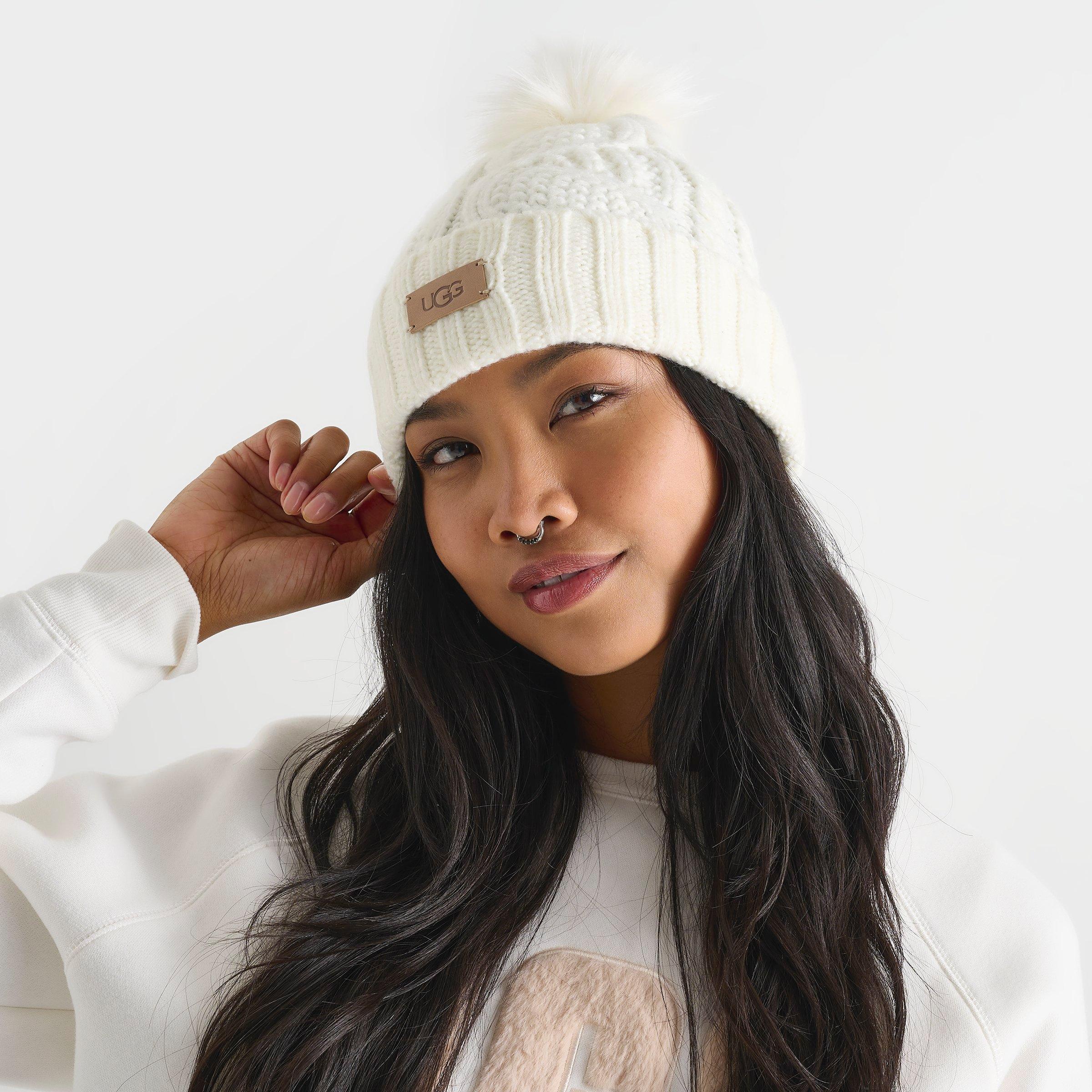 Finishline Women's UGG Cable Pom Beanie Hat in White/Nimbus Leather/Acrylic/Wool