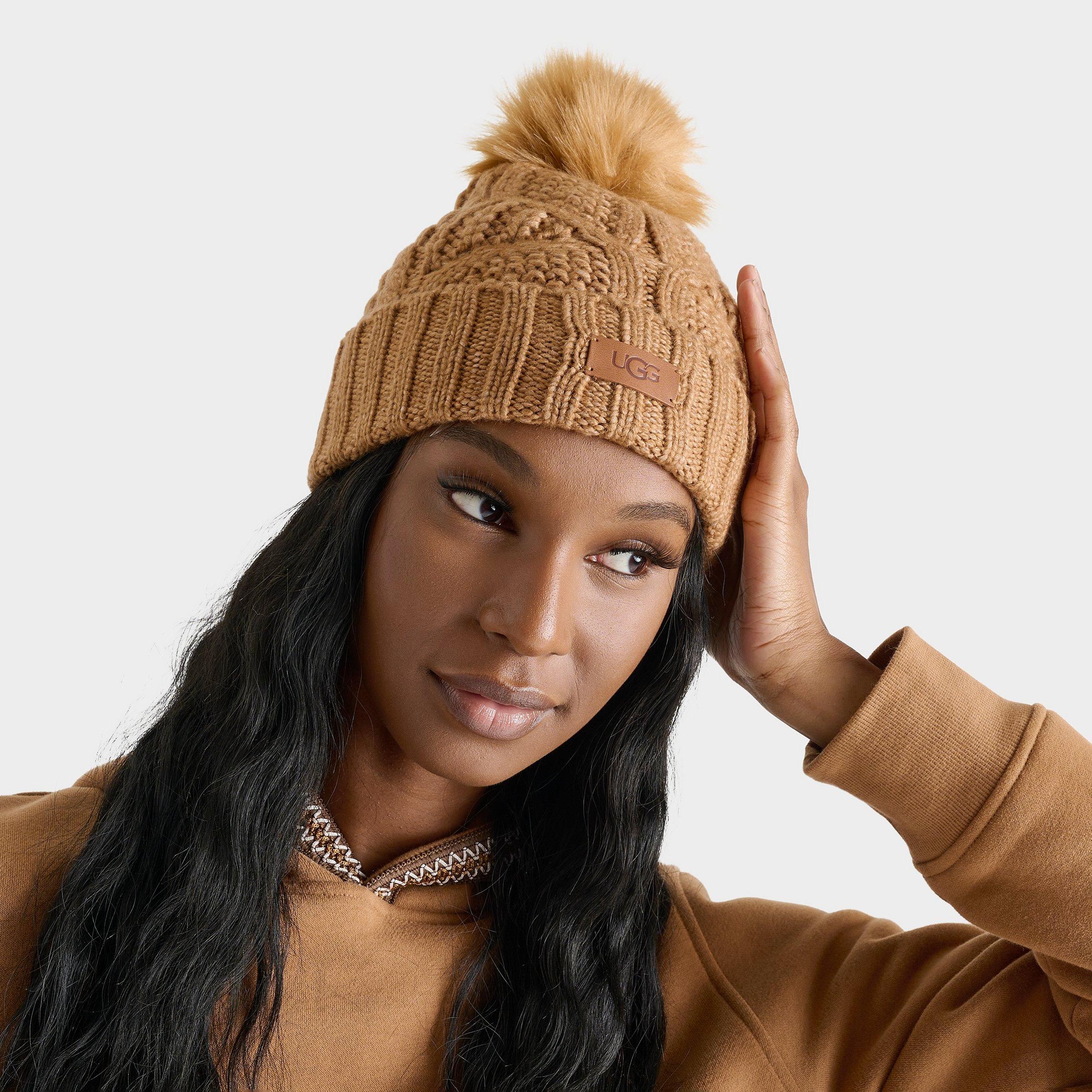 Finishline Women's UGG Cable Pom Beanie Hat in Brown/Chestnut Leather/Acrylic/Wool