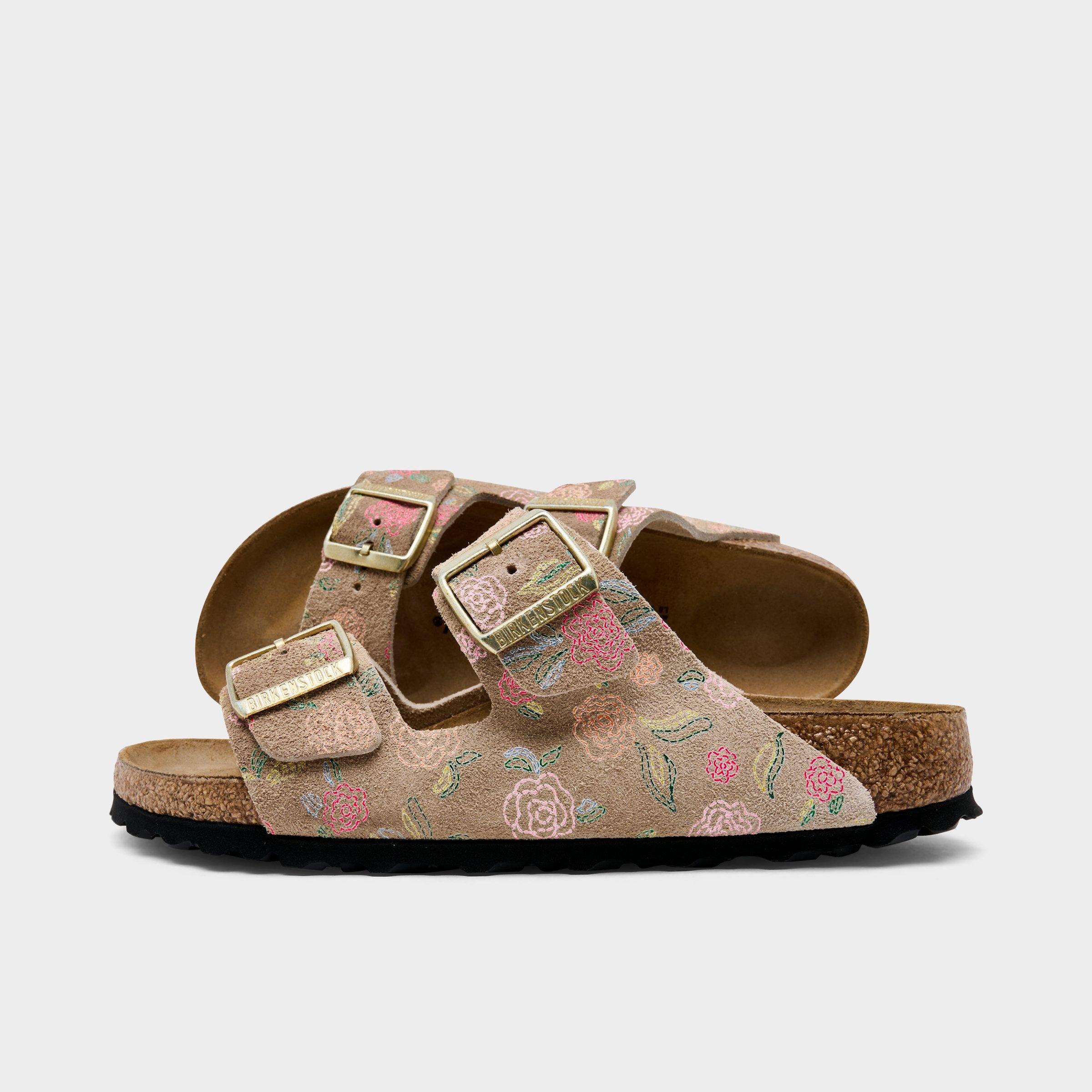 Birkenstock Women's Arizona Flower Print Suede Leather Sandals in Sandcastle Flower Print Size: 39