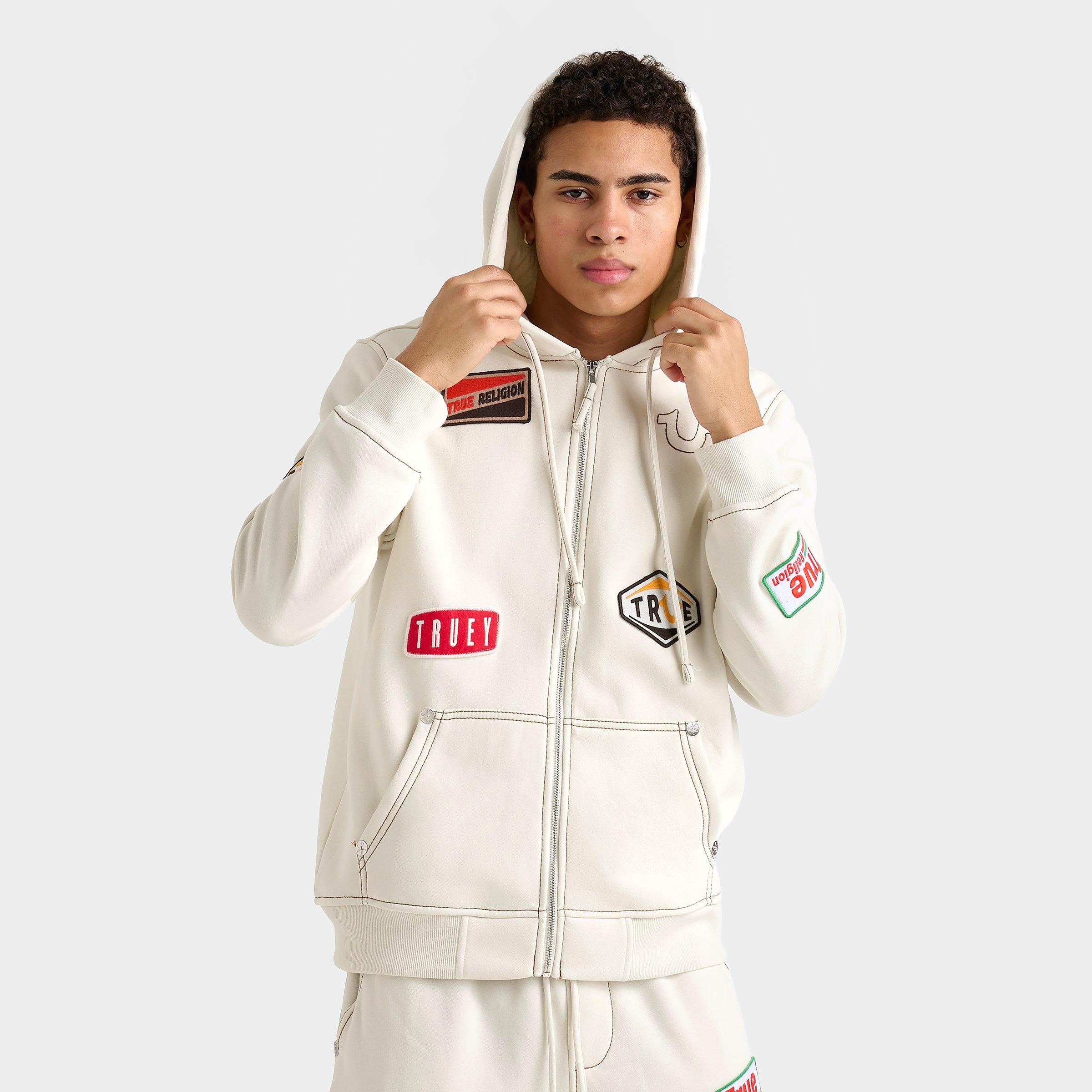 True Religion Men's Big T Patch Full-Zip Hoodie in Beige/Vapor Grey Size XL Cotton/Polyester/Fleece