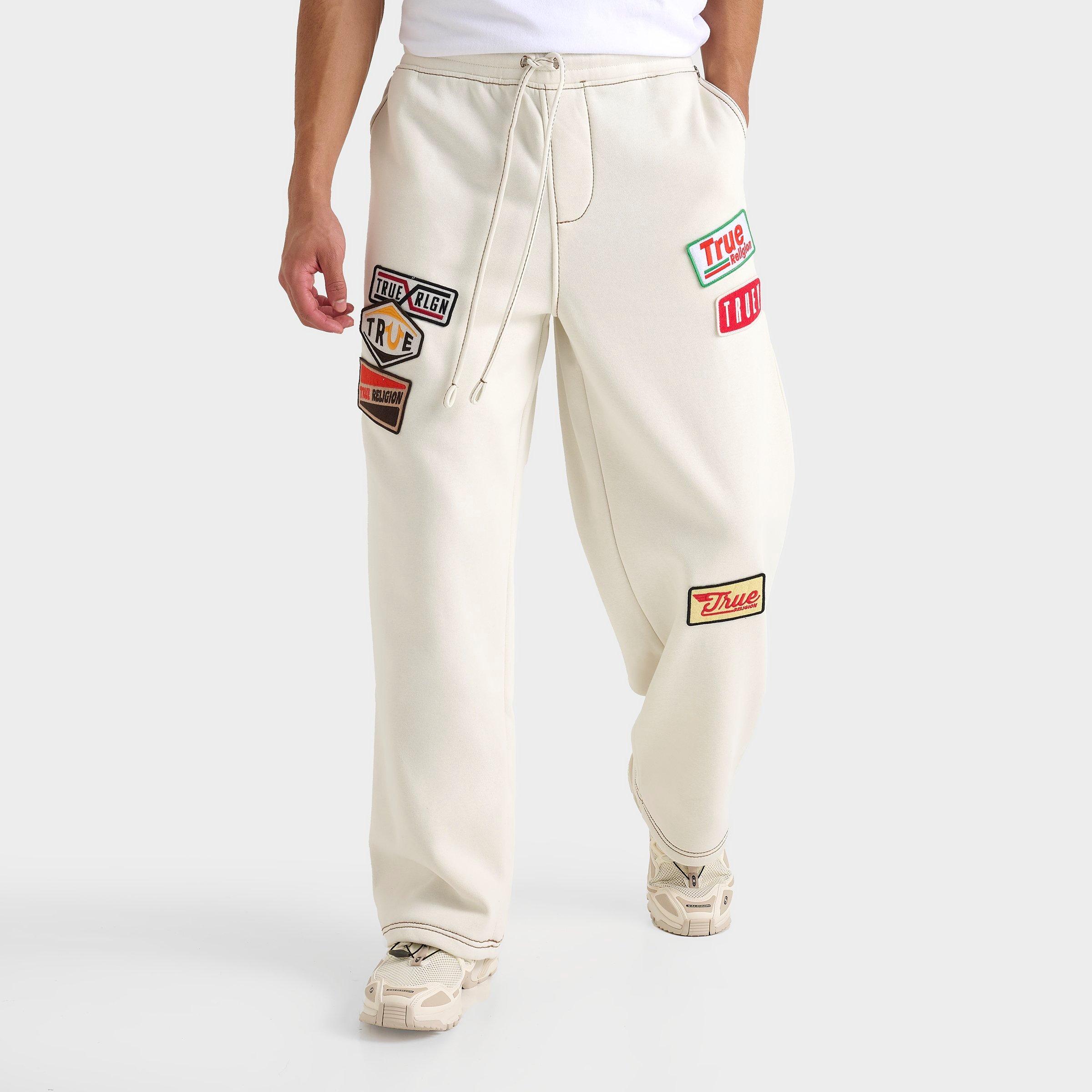 True Religion Men's Big T Patch Baggy Fleece Sweatpants in Beige/Vapor Grey Size Large Cotton/Fleece