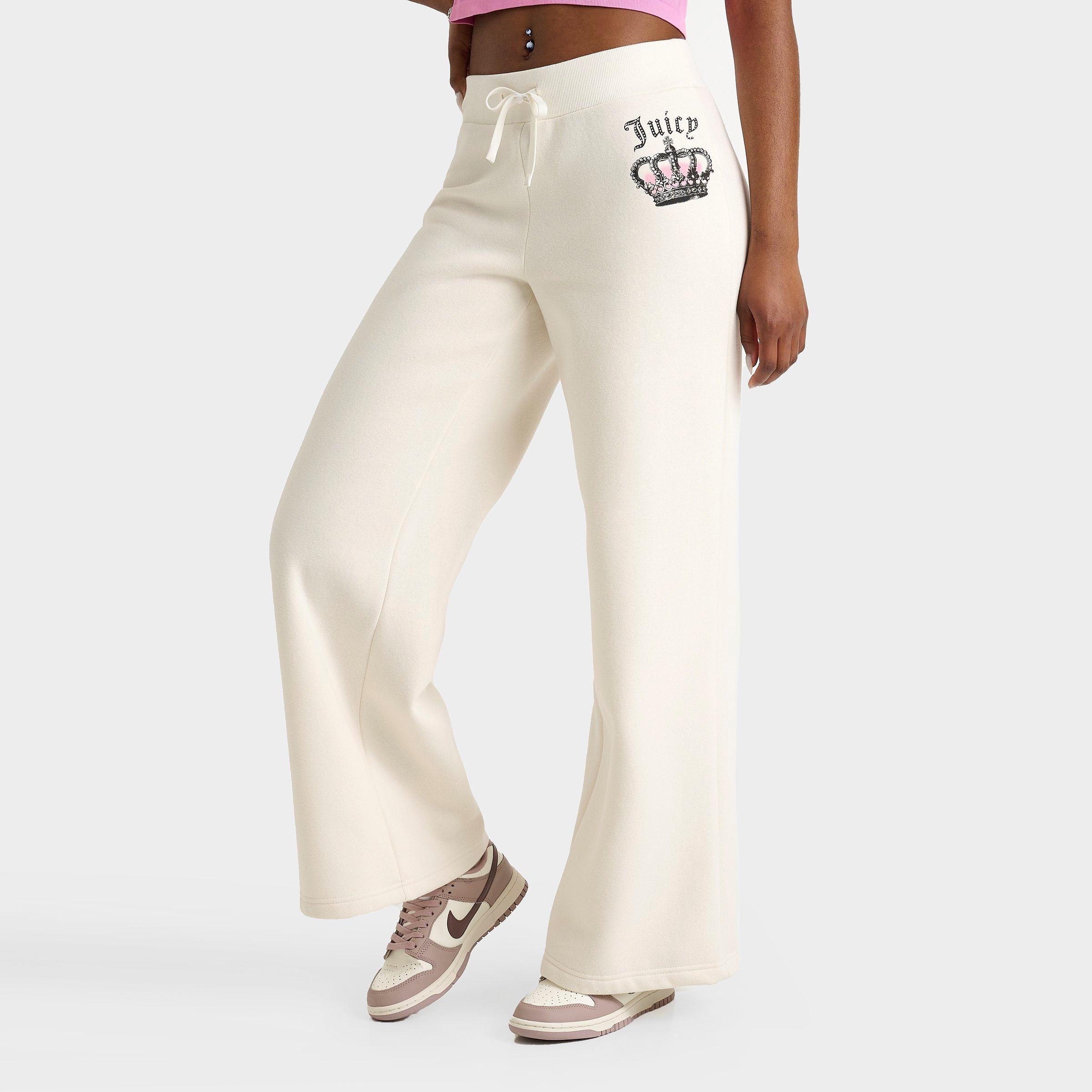 Juicy Couture Women's Crown Fleece Wide Leg Jogger Pants in Beige/Cloud Size Large