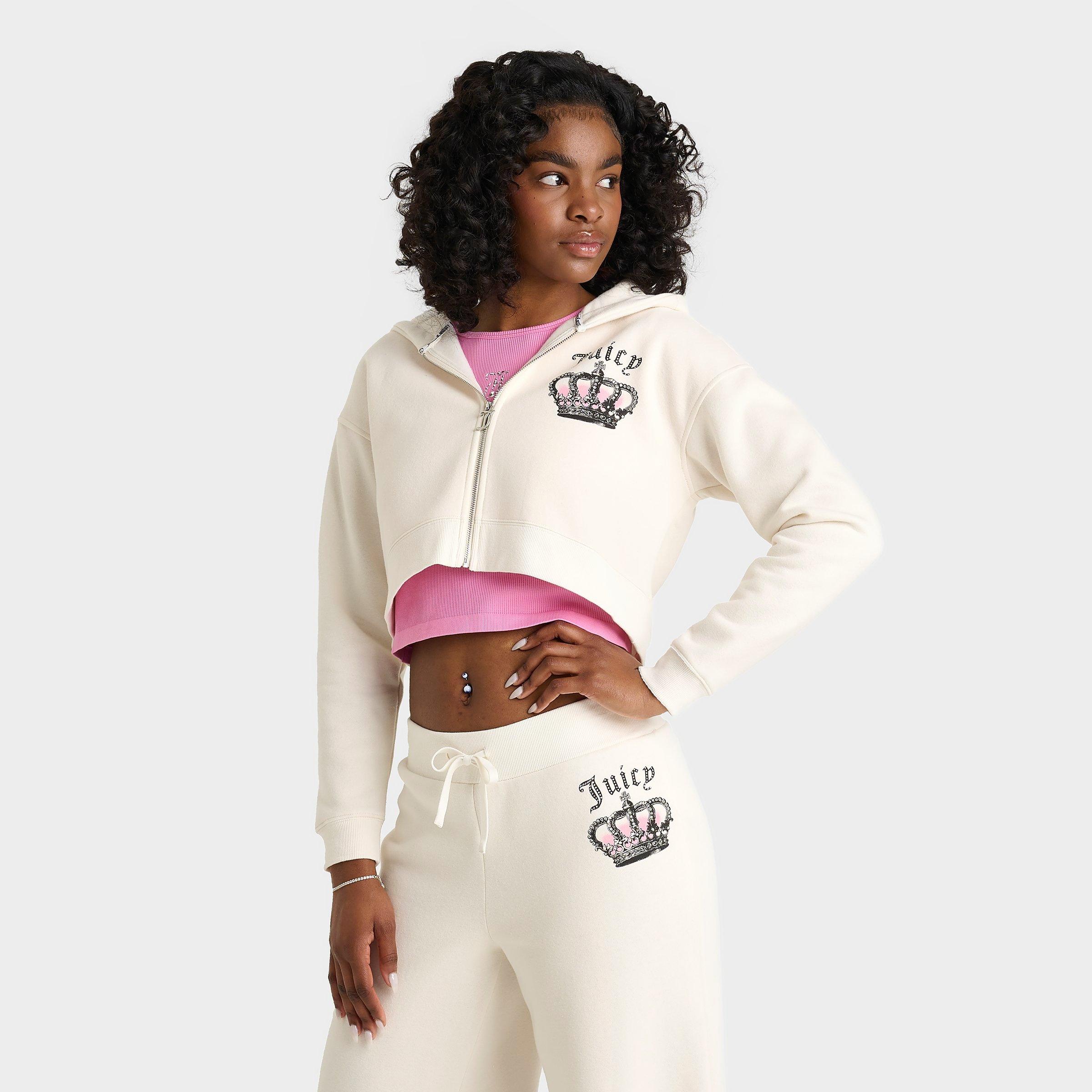 Juicy Couture Women's Crown Fleece Full-Zip Hoodie in White/Cloud Size XL Fleece/Velvet/Velour